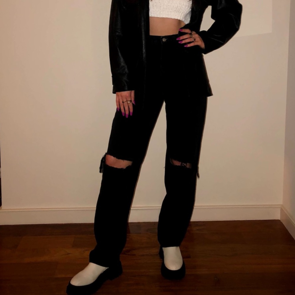 High rise black jeans knee rips. Extra long lega